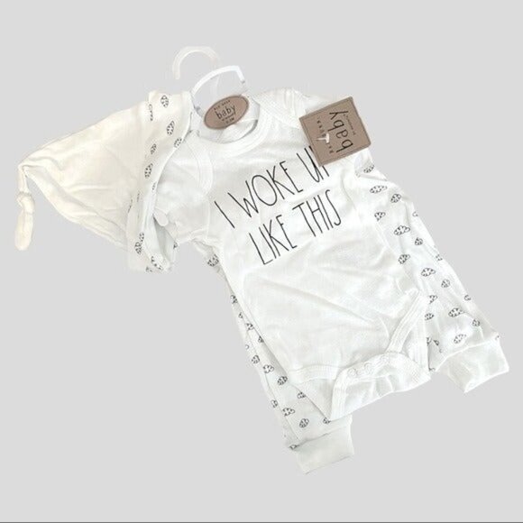 🌺 Rae Dunn Baby White Adorable I Woke Up Like This Outfit + Hat 3-6 Months NWT - Picture 3 of 10